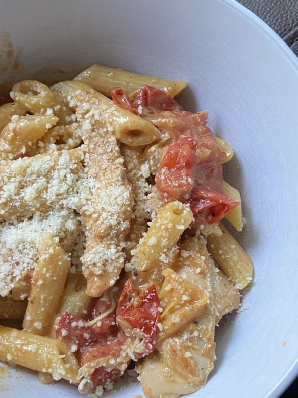 chicken and tomato pasta dish.