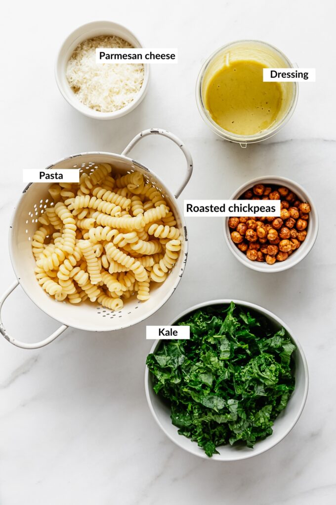 ingredients for a kale caesar pasta salad
