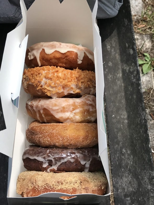 A box of doughnuts from Portland, Maine.